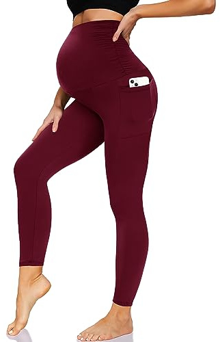 HIGHDAYS Women's Maternity Workout Leggings Over The Belly Pregnancy Stretch Yoga Active Pants with Pockets, Burgundy-with Pockets, M