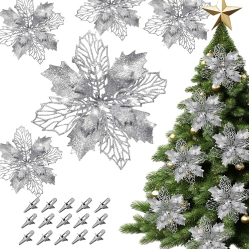 15x Weihnachtsbaum Blume Silber – Edle Weihnachtsblume Silber mit Glitzer & Klammern (16cm) – Funkelnde Weihnachtsbaum Deko Blumen & Christbaumschmuck – Glanzvolle Deko Blumen Silb-er Weihnachten