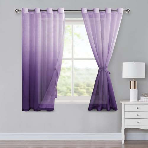 XWZO Ombre gardiner med öljetter, färggradient gardin, voile sheer gradient gardiner, set om 2 för sovrum och vardagsrum, öljettgardiner med gardinomtag H 145 x 140 cm, lila