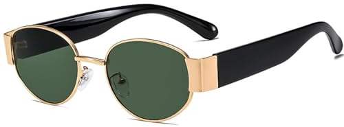 LOJUDI Oval Sunglasses Womens Mens - Retro Round Designer Glasses UV400 Protection-Gold Frame/Green Lens
