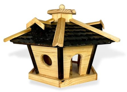GARTENETAGE Großes Sechseckiges Vogelhaus aus Holz - Wetterbeständiges Vogelfutterhaus 51x33x46 cm - Mit Holzschindeldach, Futterbehälter und Zierleisten - Ideal für Garten und Terrasse (ohne Ständer)