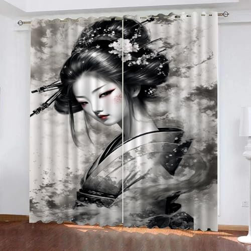 Vorhang Blickdicht Japanische Geisha 2 Stück H 100Cm X B 70Cm,Gardinen Kurz Modern Fenster Mit Ösen,Verdunklungsvorhänge Lichtundurchlässig Kinderzimmer,Kinder Vorhang Verdunkelung,A11
