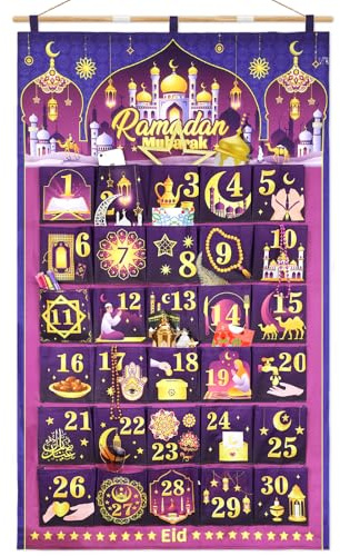 DPKOW Tissu Calendrier Ramadan à Remplir Soit Meme, Vide Bricolage Calendrier de l'Avent Ramadan avec Poches pour Decoration Ramadan Calendrier Cadeau, Or Violet