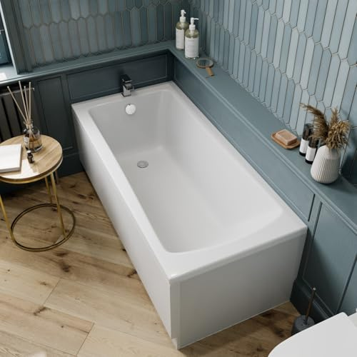 Baystone 1500 x 700mm Single Ended Bath White Gloss Soaking Bathttub, Acrylic Baths for Bathrooms, Straight Wide End, Adjustable Feet, Side Panel Included