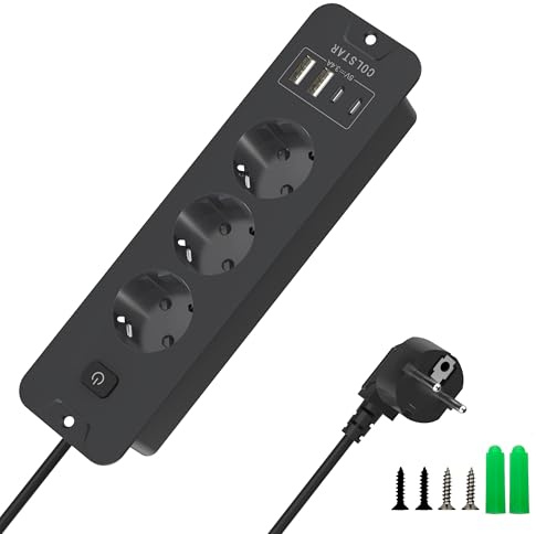 Enchufe empotrable invisible integrado con 3 compartimentos, 2 USB-C + 2 USB-A, 16 A, cable de 2 m, interruptor de ahorro de energía, regleta retráctil para lugares de trabajo ordenados (negro)