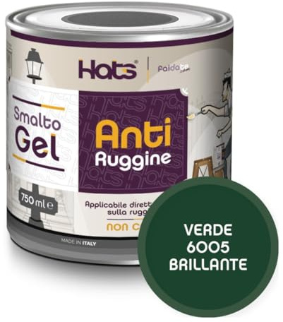 Hats - Vernice Antiruggine per ferro - Smalto Gel Antiruggine Pronto all’uso - Non Cola, Non Gocciola - Adatto per Metallo e Legno - Made in Italy (Verde 6005 Brillante)