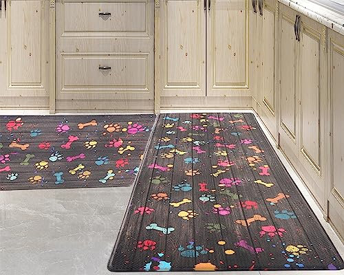 Farmhouse Küchenmatten, gepolstert, Anti-Ermüdungs-Matten für Küche, Boden, wasserdicht, Küchenmatten und Teppiche, ergonomisch, bequem, Stehmatte für Küche, Waschküche, bunte Hundepfote und Knochen
