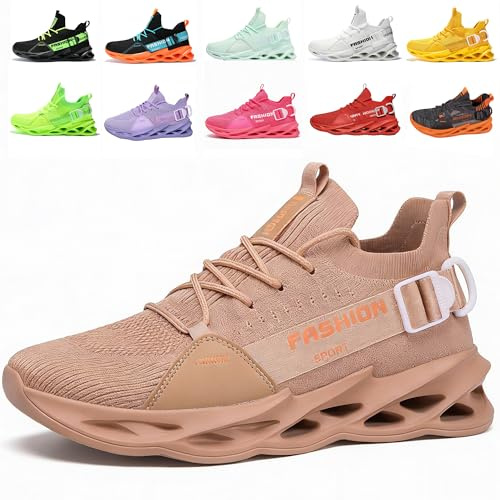 Gymnastikskor dam löparskor unisex sportskor herr sneakers lediga promenadskor jogging utomhus fitness stickade lätta bekväma andningsbara arbetsskor, G133 brun, 43 EU