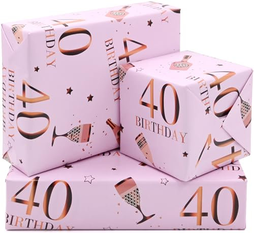 ADQUATOR Geschenkpapierbögen zum 40. Geburtstag, 50 x 70 cm, Roségold und Rosa, Happy Birthday, Geschenkpapier für Frauen und Damen (5 Blatt)