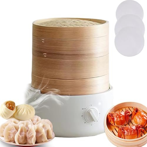 Vaporiera Elettrica – Vaporiera in bambù a 3 Livelli con Cestelli Impilabili & Tappetino, Riscaldamento Veloce 800W, Timer 60 Min & Spegnimento Automatico per Una Cucina Salutare