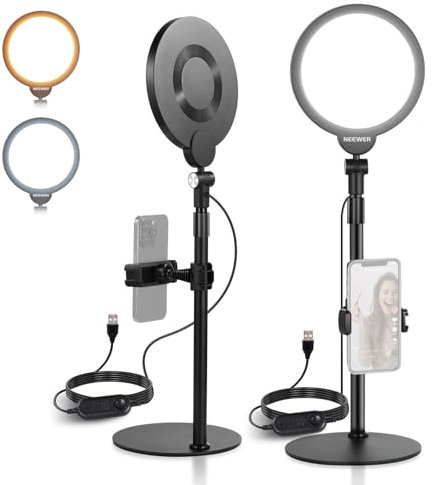 NEEWER BÁSICO Paquete de 2 7 Aro Luz Escritorio para Grabación, 10W Regulable Key Light Pantalla Completa con Soporte & Soporte Teléfono, Ideal para iPhone Laptop Vlog Streaming Videoconferencia,R06
