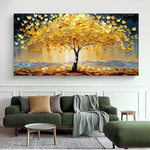 DAMAIART Abstraktes Leinwandgemälde mit goldenem Baum, reichhaltiger Geldbaum, Poster und Drucke, Wandkunst, Bild für Wohnzimmer, Schlafzimmer, Dekoration, 65 x 130 cm, rahmenlos