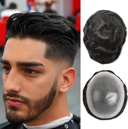 Herren Toupet Haar System für Männer 0,02-0,03mm Ultra-Dünne Haut 100% echtes Echthaar Toupet für Männer Licht 90% mittlere Dichte Haarteil Basisgröße 8x10 Zoll （1B#）