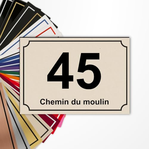 Numéro de Rue Maison Personnalisé 15x10 cm | Gravure Laser, 22 Couleurs, Numéro et Nom de Rue, Ornements ou Sans Motif, Adhésif 3M Sans Perçage, Fabriqué en France