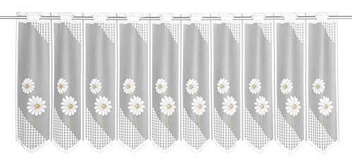Sehlbach Cortina de bistró Jacquard Flores de Margarita, Blanco, 145 x 50 cm Cortina Estilo bistró, Traslúcido, Tejido Transparente, Decoración Sencilla, Diseño Floral, Toque Natural