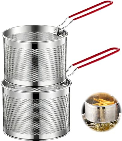 2 Pcs Panier Friteuse, Panier a Frite avec Poignée Amovible, Passoire Inox, Tamis Cuisine, Passoire Fine, Ustensiles de Cuisine, Passoir pour Laver, Égoutter et Frire (16+18CM)