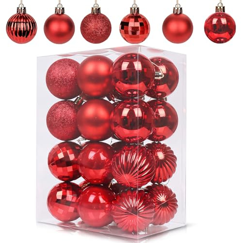 24Pcs Red Baubles for Christmas Tree Decorations,60mm/2.36 Large Xmas Bauble Hanging Ball,Christma Balls Ornaments with String,Shatterproof Red Christmas Baubles for Xmas Tree Holiday Party Decor