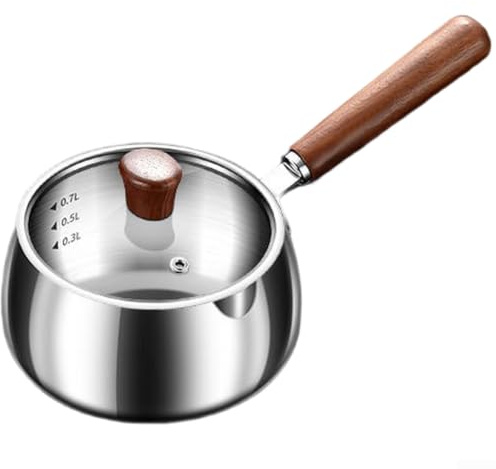 Milchtopf aus Edelstahl 316 mit mehrschichtigem Boden und Walnussholzgriff, 316L für gleichmäßige Wärmeverteilung, Doppelausgießer, Glasdeckel (700 ml)