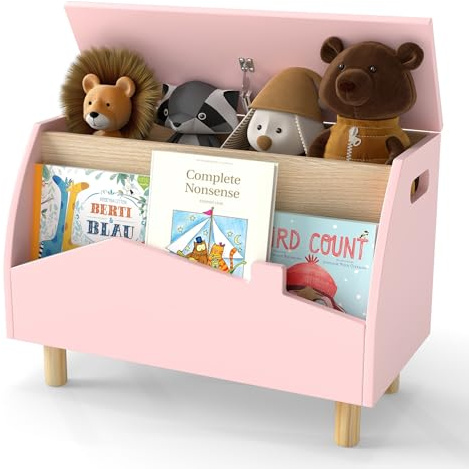 COSTWAY Spielzeugkiste Holz mit Regal, Spielzeugtruhe mit Deckel, Aufbewahrungstruhe Spielzeugbox für Kinderspielzeug, Spielzeug Aufbewahrung für Kinderzimmer, Spielzimmer, 60x30x44cm (Rosa)