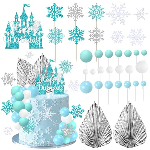 52 Pack Snowflake Cake Toppers Paper Palm Fan Castle Happy Birthday Frozen Cake Toppers Ball Cake Decoration for Wedding Supplies Winter Frozen Snowflake Theme Birthday Party Cake Decorations Supplies
