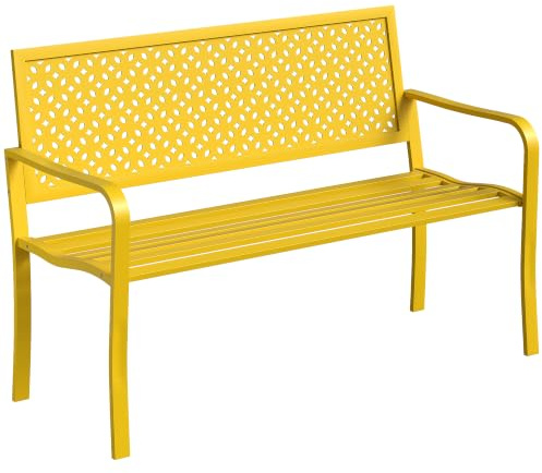 Outsunny Gartenbank 2-Sitzer Metall wetterfest Outdoor Sitzbank mit rostbeständig Rückenlehne Lamelldesign Geometrische Balkonbank bis 240kg Gartenmöbel Parkbank für Garten Park 127x61x85cm Gelb