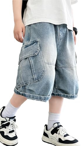SEAUR Bermuda Baggy Bambino Pantaloncini Jeans Ragazzo Gamba Larga Jean Shorts a Vita Elasticizzata con Tasche Pantaloni Corti Estivi 11-12 Anni Blu