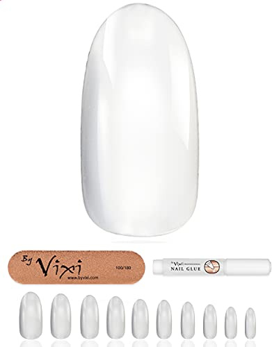 600 Stück Nageltips Oval Lang Natur mit extra starkem Kleber – Künstliche Nägel zum Aufkleben, Full Cover Tips für Gelnägel & Nail Art, Fingernägel in 10 Größen (0-9) – By Vixi