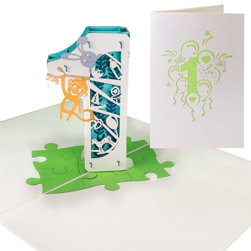 Sweetpopup® Pop-Up Karte 1. Geburtstag – Niedliche 3D Tiermotive & Zahl „1“ – Glückwunschkarte für Mädchen & Jungen – Kinder Geburtstagskarte, 047
