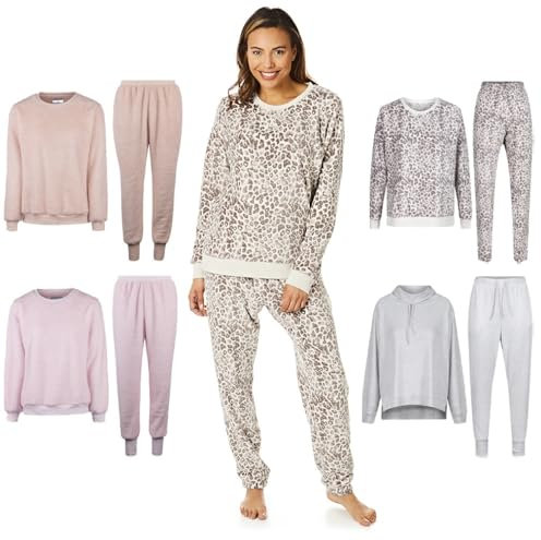 Light & Shade Söt kvinna dam supermjuk korallfleece tvåsidigt djurtryck pyjamas set bekväm varm mjuk loungewear, grå, L/XL