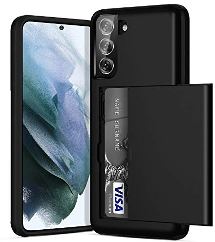 ACOCOBUY Sliding Card Holder Case for Samsung Galaxy S21 Phone Cover 6.2 | Hidden Pocket IDs Credit Slot Heavy Duty Shockproof Protective Hard PC Soft TPU Wallet Phone Case Back Shell Men Women Black