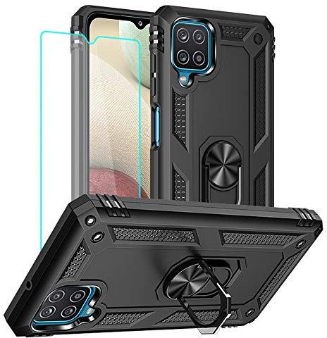 Yiakeng for Samsung A12 Phone Case with Screen Protector, Silicone Shockproof Military Grade Protective Phone Cover with Ring Kickstand for Samsung Galaxy A12 Case (Black)