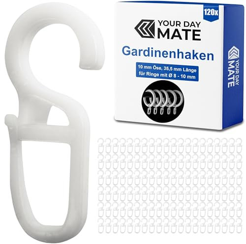 Vorhanghaken für Gardinen Ringe, 120 Stück, mit Ø 10 mm Öse, für Gardinenringe mit 8 bis 10 mm, in Weiß, Gardinenringe Haken zum Einhängen, Faltenlegehaken für Vorhangringe, Vorhang Haken Clip Set