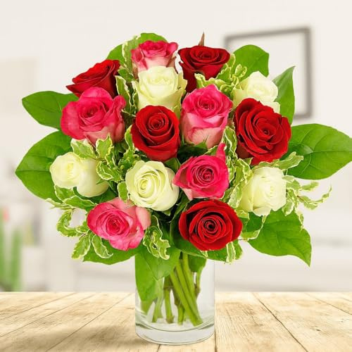 Blumenstrauß mit 12 Rosen - Rot, Weiß und Rosa | Bunter Strauß, Inklusive Grußkarte