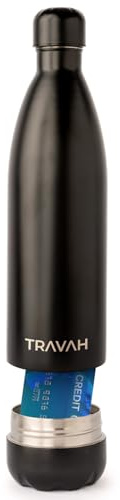 Travah Travel Water Bottle Stainless Steel with Storage for Cash, Keys, Valuables Insulated Bottle for Men and Women Hot and Cold Water Bottle Leak-Proof (Matte Black)