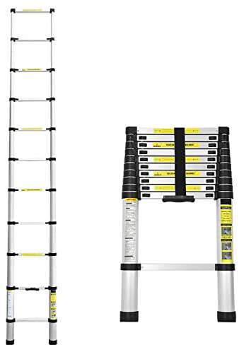 Lospitch Échelle télescopique Pliable en Aluminium - 3,2 m - avec mécanisme de Verrouillage à Ressort - Charge maximale : 150 kg - pour Maison, Grenier, Jardin Argent