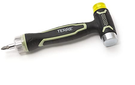 Terre Products, 6 in 1 Double Faced Hammer Tool, Small Rubber Mallet Hammer, Built-In Multi Bit Screwdriver, Ergonomic Non-Slip TPR Handle, Perfect for Crafts, Jewelry, Wood, Auto, and Flooring