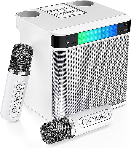 Karaoke Profesional, Máquina de Karaoke, Altavoz Bluetooth Karaoke 2 microfonos Inalámbricos Sistema de PA para Boda,Fiestas en Casa y Exterior, Luces LED, Compatible con USB/TF/Android/iPad/TV/PC