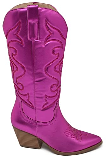 Stivali Donna camperos Texani Stile Western Dettagli Laser Fucsia Porpora Perlato Tacco Western 7 cm con Zip Laterale (37 EU)