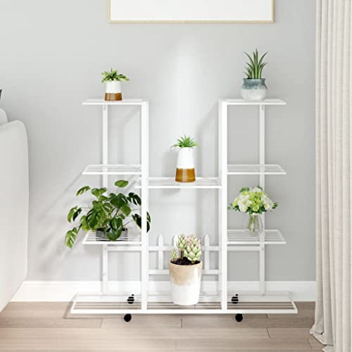 puraday 94,5x24,5x91,5 cm Blumenständer Draußen Blumenregal Outdoor Blumenständer Modern Blumenständer Hoch Pflanzenständer Balkon Blumenständer Metall Blumenständer Balkon mit Rollen Weiß Eisen