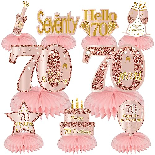 Rosa Rose Gold 70. Geburtstag Wabenaufsätze Dekorationen für Frauen, 9 Stück Rose Gold Happy 70th Birthday Tischdekoration Partyzubehör, 70 Jahre alter Geburtstag Tischaufsätze Schild Dekor