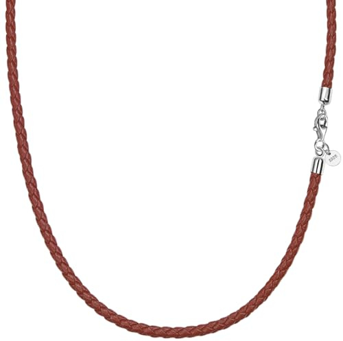 F.ZENI Lederkette Herren 925 Sterlingsilber Karabinerverschluss Echt leder Halskette 3mm breit Herren Damen Kette für Anhänger charm 40-65cm DIY Schmuck mit Geschenkbox (60cm, Hellbraun - Braided)