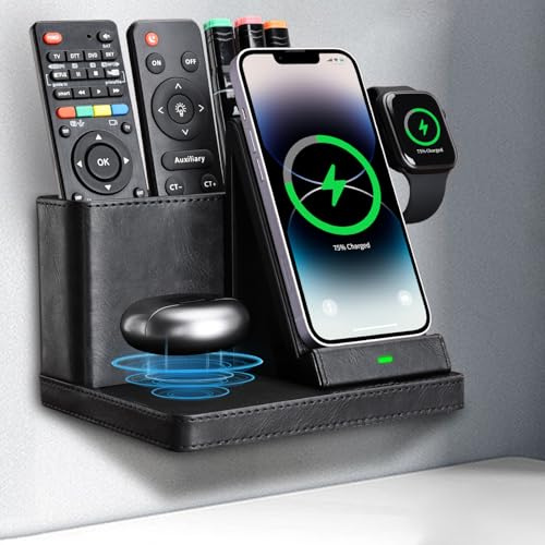 GORESE Induktive Ladestation, 3 in 1 Kabellose Ladegerät mit Schreibtisch Organizer 30W Wandhalterung Wireless Charger kompatibel für iPhone 15/14/13/12/11/Pro/Max/XS iWatch 7/6/5/4/3 AirPods 3/2/Pro