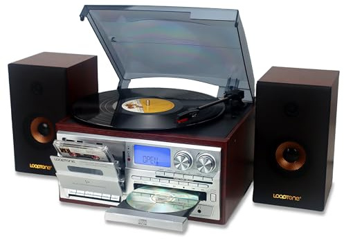 LoopTone - Reproductor de Discos de Vinilo con Altavoces externos duales de 15 W, 10 en 1, 3 velocidades, Bluetooth, Tocadiscos clásico, Reproductor de Casete de CD Am/FM, grabadora USB, Entrada