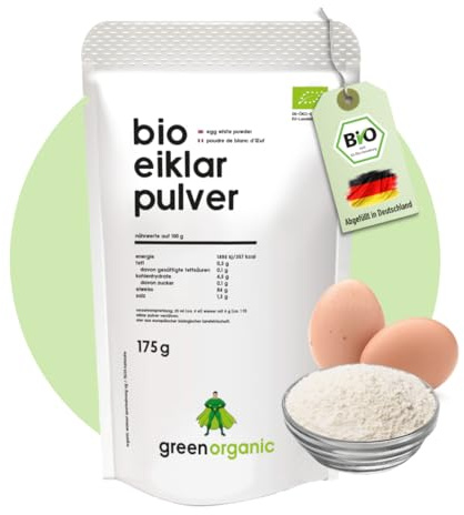 Bio Eiklar-Pulver, reines-Eiweiss-Protein aus Bio-Ei, zum Kochen, Backen und für Shakes, pasteurisiert, sprühgetrocknet, 175g, GreenOrganic