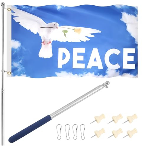 GHVACZS Friedensfahne 150 x 90 cm/59,06 x 35,43 zoll, Tauben Gartenflagge mit 1 Edelstahl Fahnenmast, 4 Schnallen und 6 Nägeln, Friedenstaube Flagge für Balkon, Terrasse und Garten
