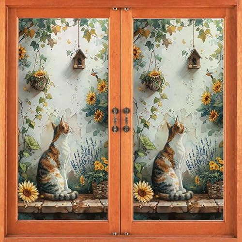 Milchglasfolie Sonnenblumenkatze Fensterfolie Blickdicht Fenster Sichtschutzfolie Milchglasfolie Selbstklebend Fenster Milchglasfolie Fenster Sichtschutzfolie Fenster Folie für Fenster 60x116cm/2 Pcs