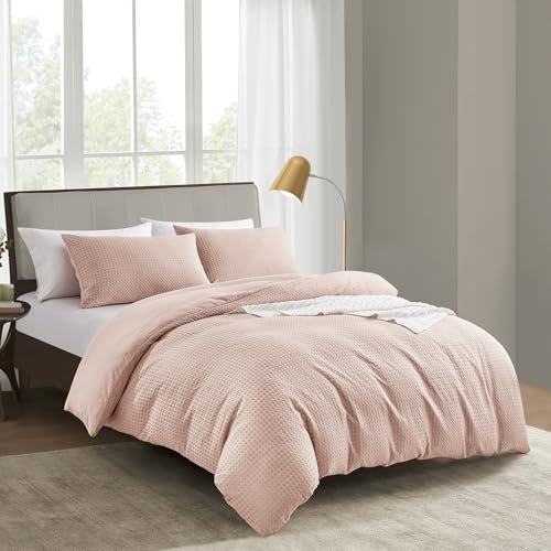 KASYLAN Breathable Duvet Cover Set with Zipper Closure - Waffle Dobby Weave Texture Duvet Sets, Modern Boho Duvet Cover & Pillow case, All Season Microfiber Bedding Quilt Cover Set (Double, Pink)