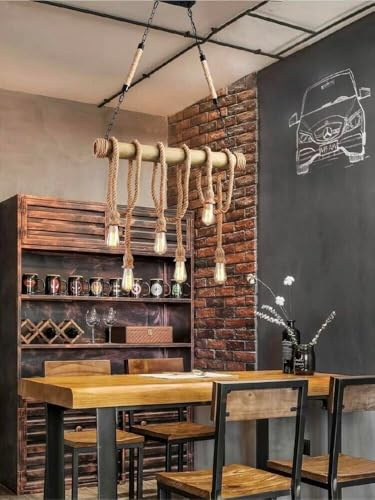Kovalmax® Lampadario a soffitto 6 portalampada e27 corda di canapa legno vintage country b23-6