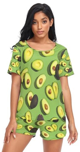 HMZXZ Damen Schlafanzug-Set Fruit Avocado Muster Sommer Pyjama Woman Set,Sommer Loungewear und Shorts Lounge Set Sleepwear Nachtwäsche