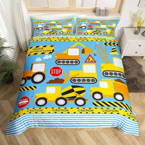 QBIDCSX Bettwäsche 135x200 Bagger Kinderbettwäsche Bettwäsche Set für Kinder Mädchen, Weiche Mikrofaser Bettbezüge 135x200 cm mit Reißverschluss + 2 Kissenbezug 80x80 cm